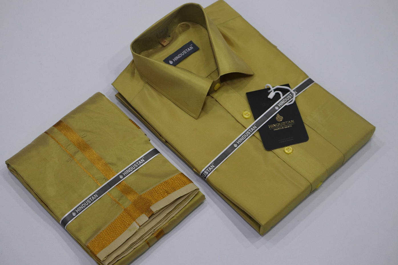 Artsilk Metallic Gold Shirt + Dhoti with 50k Gold Border Set - Full Sleeve