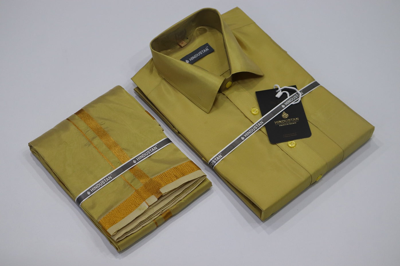 Artsilk Metallic Gold Shirt + Dhoti with 50k Gold Border Set - Full Sleeve