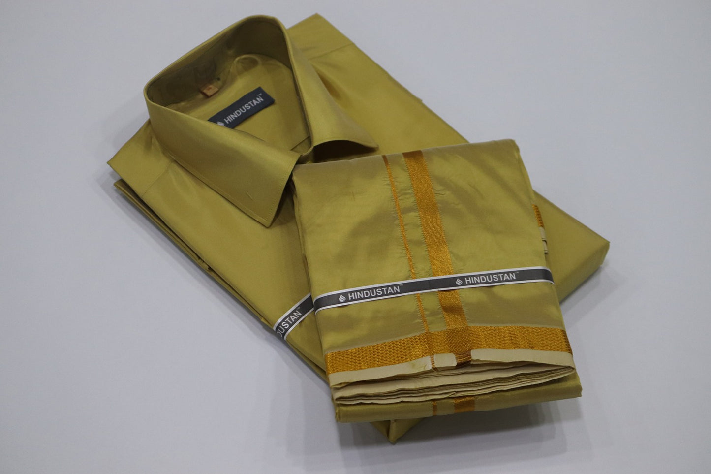 Artsilk Metallic Gold Shirt + Dhoti with 50k Gold Border Set - Full Sleeve