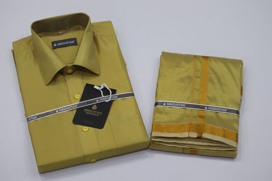 Artsilk Metallic Gold Shirt + Dhoti with 50k Gold Border Set - Full Sleeve