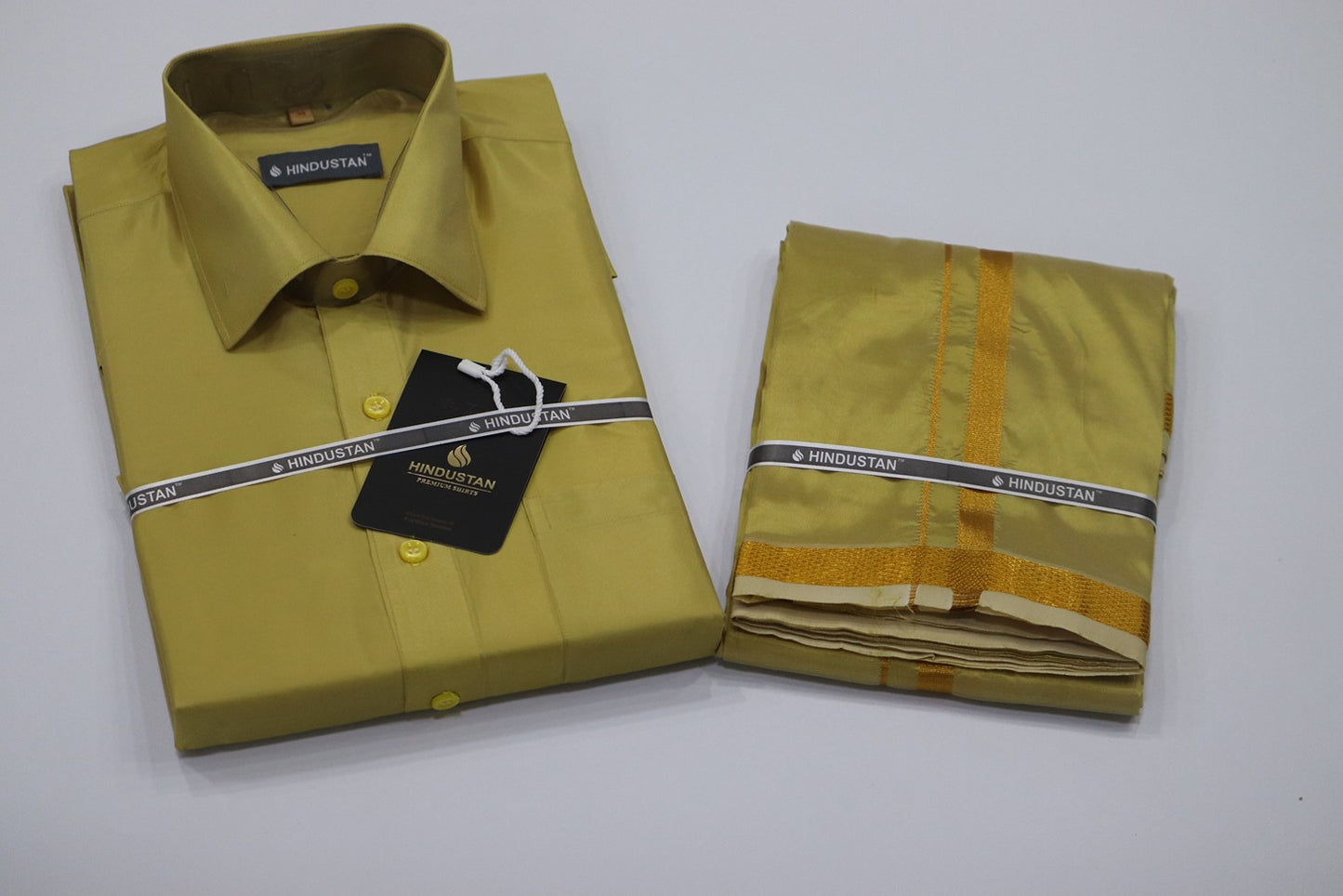 Artsilk Metallic Gold Shirt + Dhoti with 50k Gold Border Set - Full Sleeve