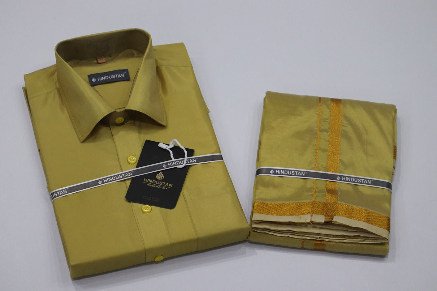 Artsilk Metallic Gold Shirt + Dhoti with 50k Gold Border Set - Full Sleeve