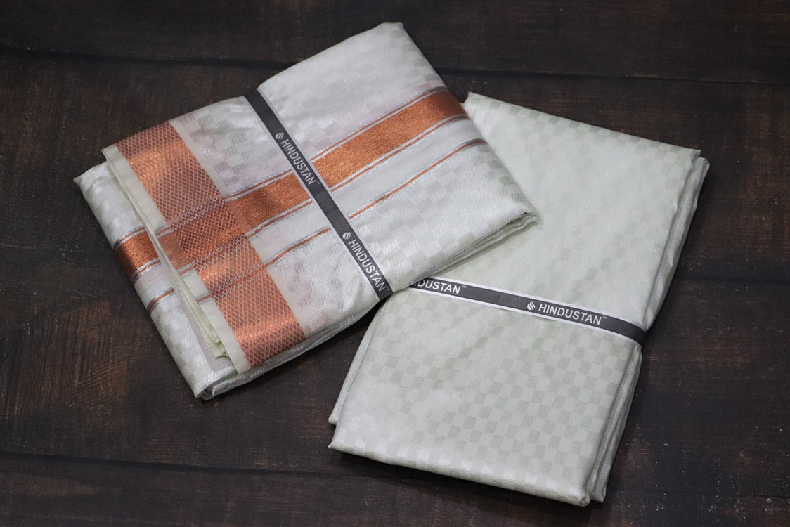 Artsilk Checked Design Cream Set (Shirt Material+Dhoti) with 80k Copper Border