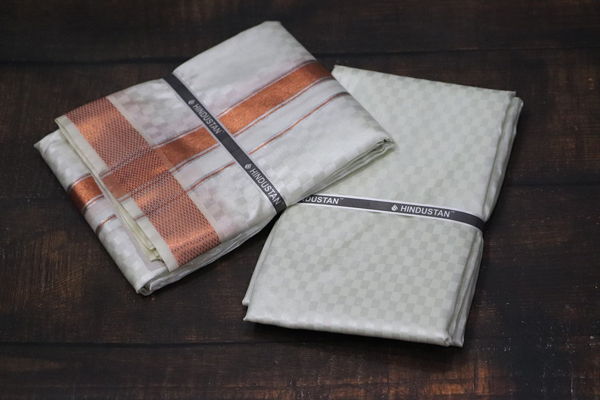Artsilk Checked Design Cream Set (Shirt Material+Dhoti) with 80k Copper Border