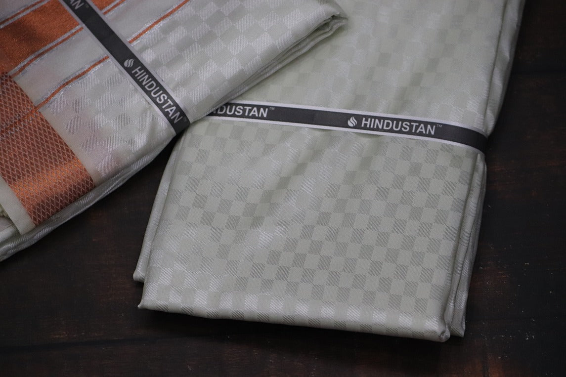 Artsilk Checked Design Cream Set (Shirt Material+Dhoti) with 80k Copper Border
