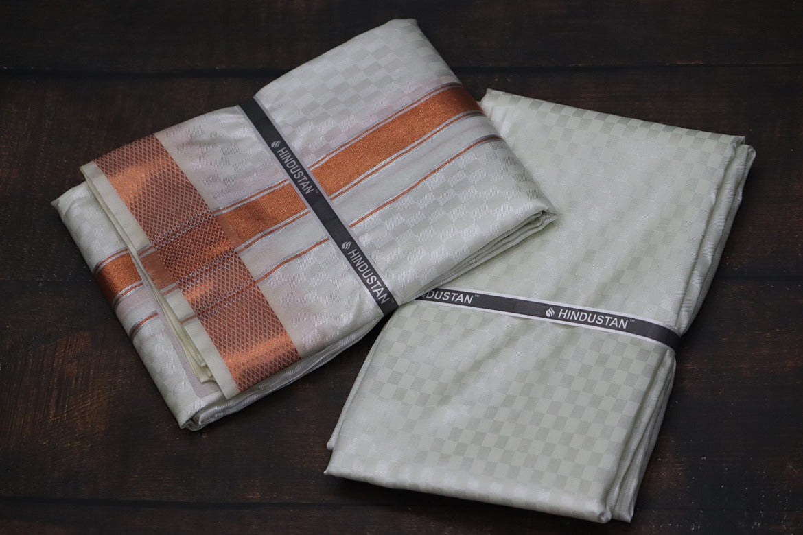 Artsilk Checked Design Cream Set (Shirt Material+Dhoti) with 80k Copper Border