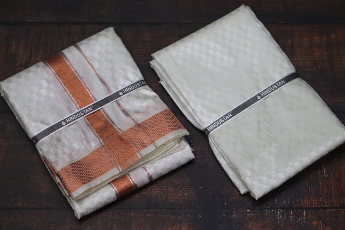 Artsilk Checked Design Cream Set (Shirt Material+Dhoti) with 80k Copper Border