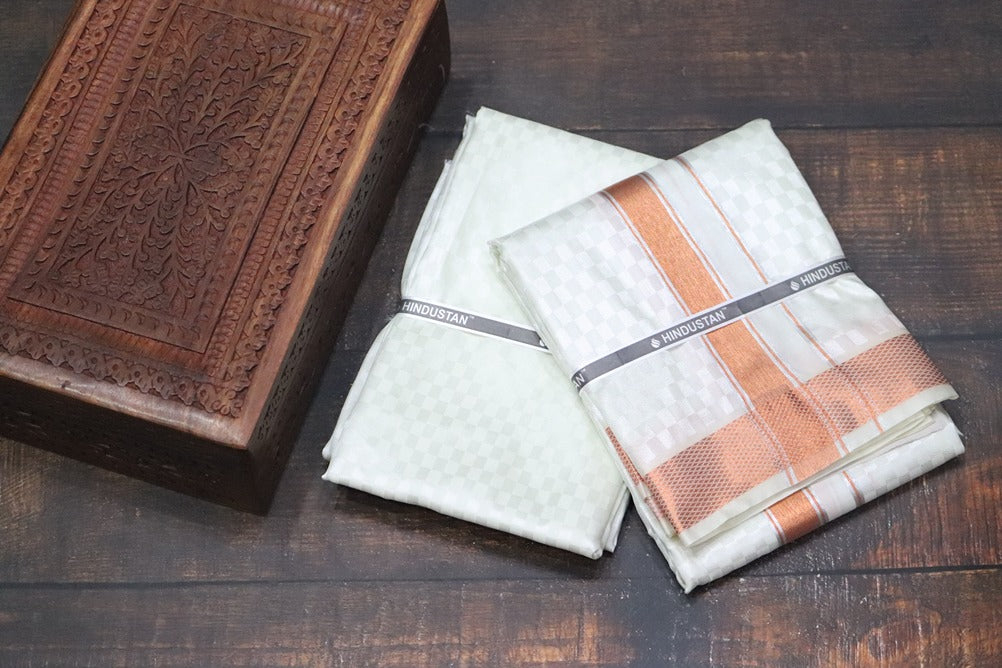 Artsilk Checked Design Cream Set (Shirt Material+Dhoti) with 80k Copper Border
