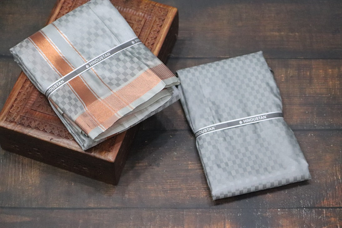 Artsilk Checked Design Steel Grey Set (Shirt Material+Dhoti) with 80k Copper Border