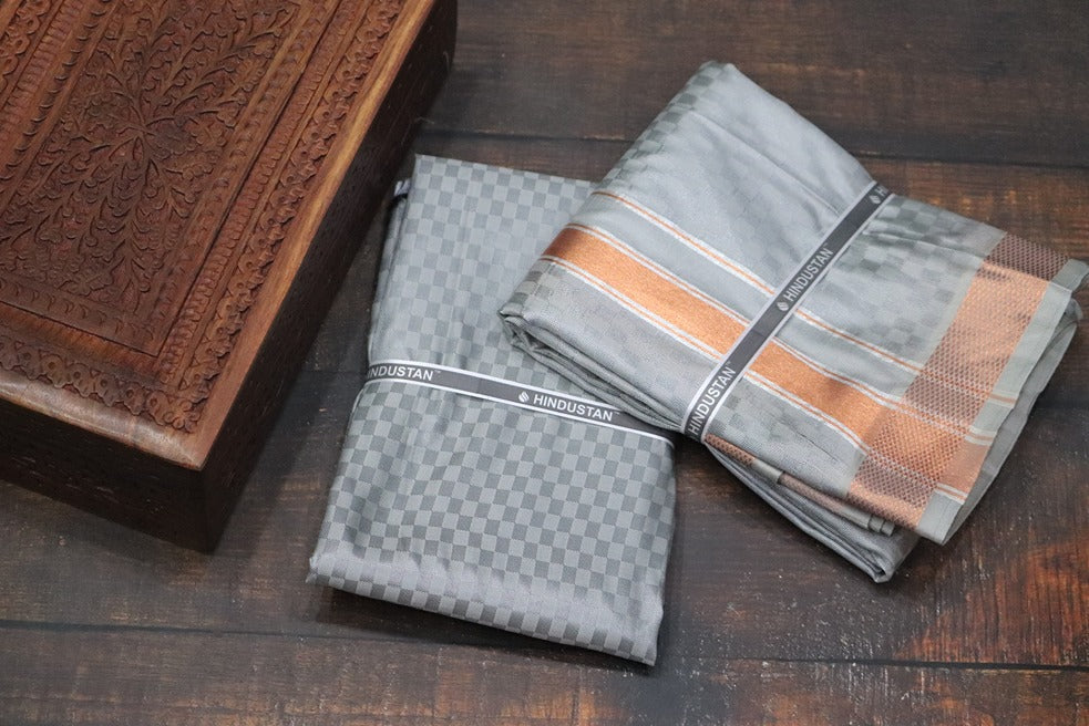 Artsilk Checked Design Steel Grey Set (Shirt Material+Dhoti) with 80k Copper Border
