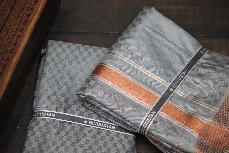 Artsilk Checked Design Steel Grey Set (Shirt Material+Dhoti) with 80k Copper Border