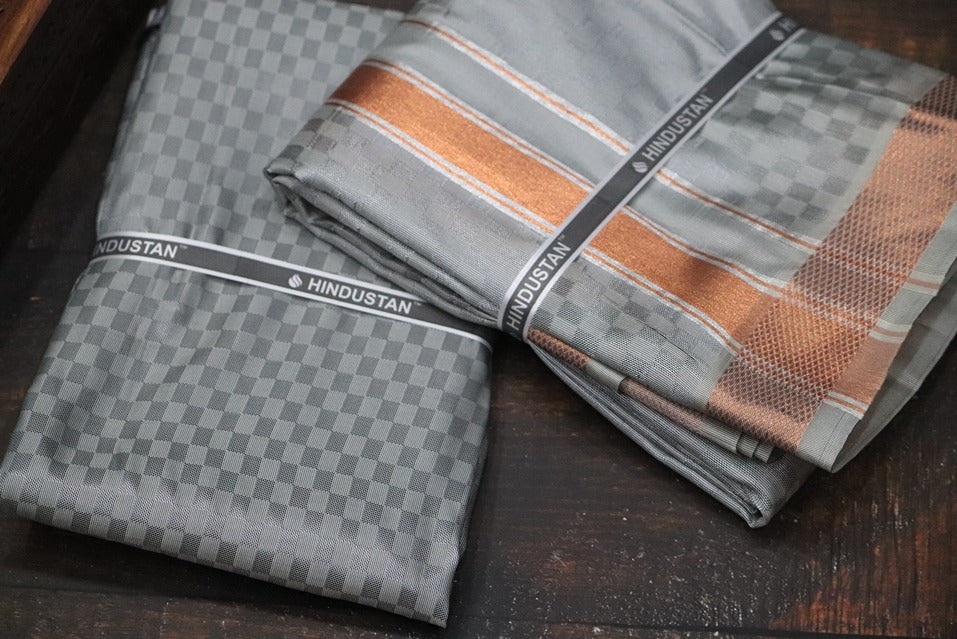 Artsilk Checked Design Steel Grey Set (Shirt Material+Dhoti) with 80k Copper Border