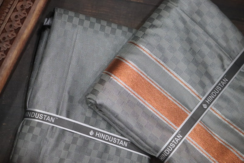 Artsilk Checked Design Steel Grey Set (Shirt Material+Dhoti) with 80k Copper Border