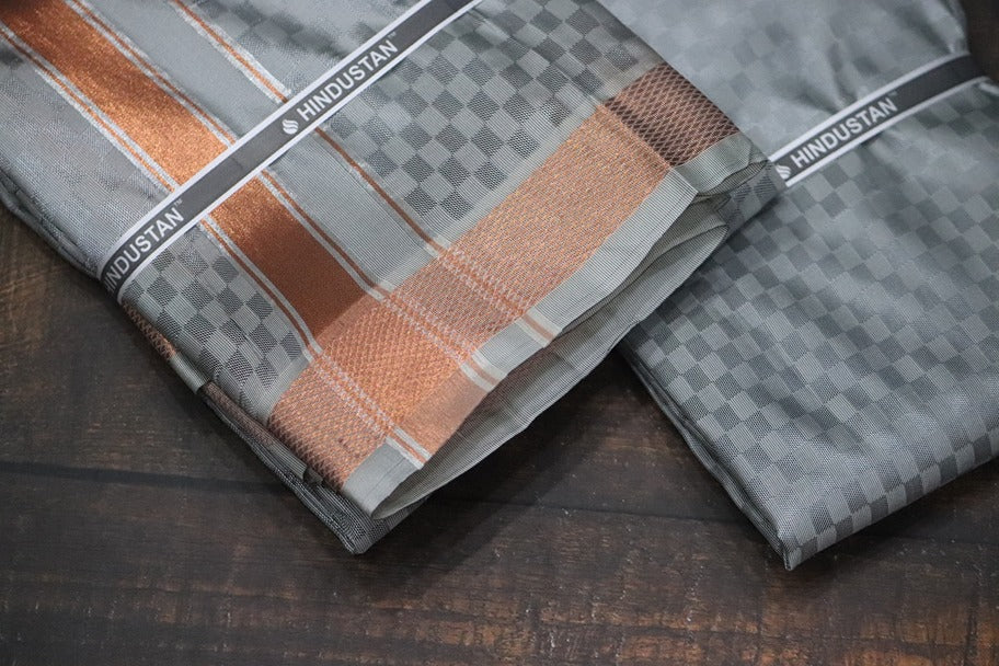 Artsilk Checked Design Steel Grey Set (Shirt Material+Dhoti) with 80k Copper Border
