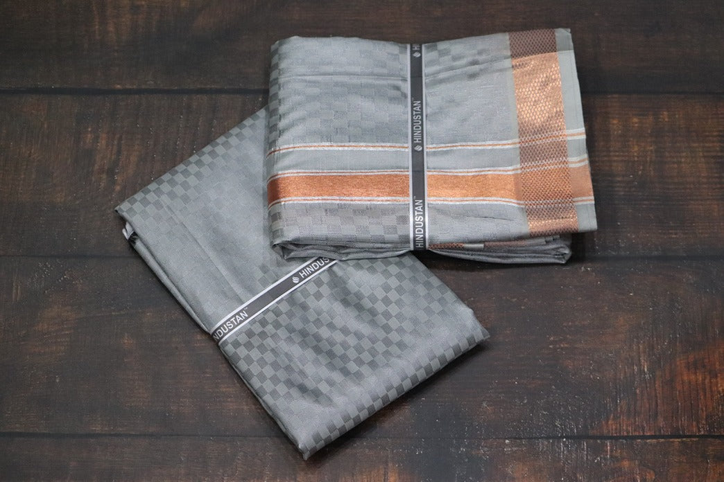 Artsilk Checked Design Steel Grey Set (Shirt Material+Dhoti) with 80k Copper Border