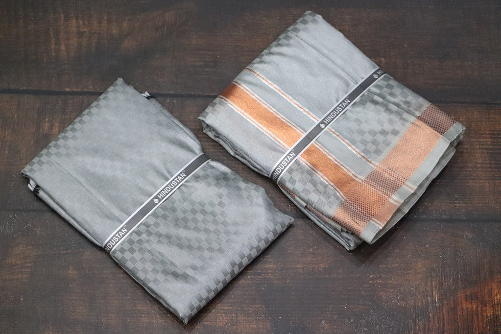 Artsilk Checked Design Steel Grey Set (Shirt Material+Dhoti) with 80k Copper Border
