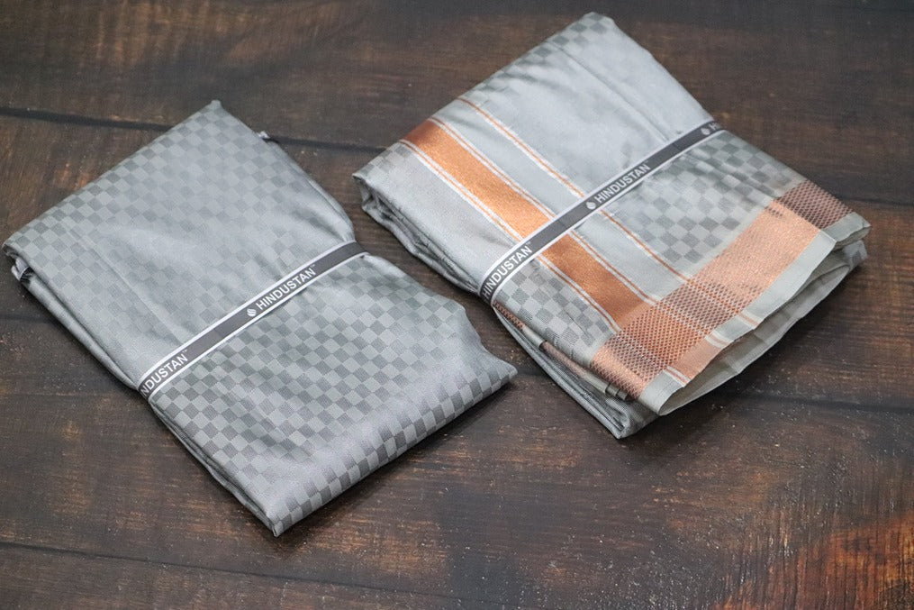 Artsilk Checked Design Steel Grey Set (Shirt Material+Dhoti) with 80k Copper Border