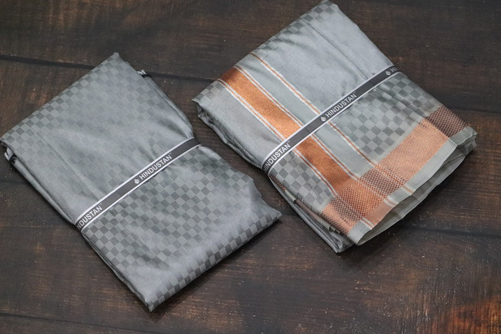 Artsilk Checked Design Steel Grey Set (Shirt Material+Dhoti) with 80k Copper Border