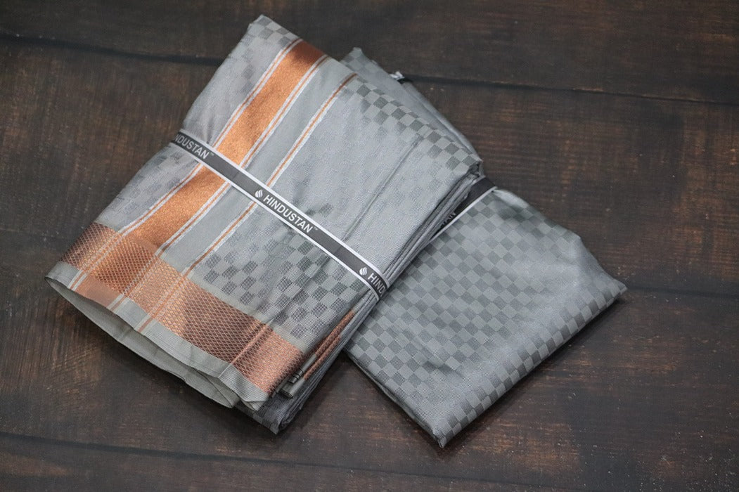 Artsilk Checked Design Steel Grey Set (Shirt Material+Dhoti) with 80k Copper Border