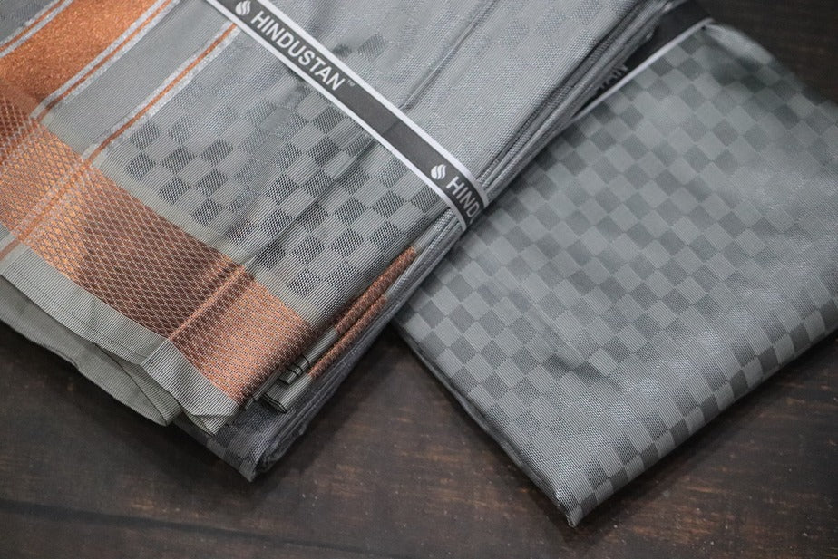 Artsilk Checked Design Steel Grey Set (Shirt Material+Dhoti) with 80k Copper Border