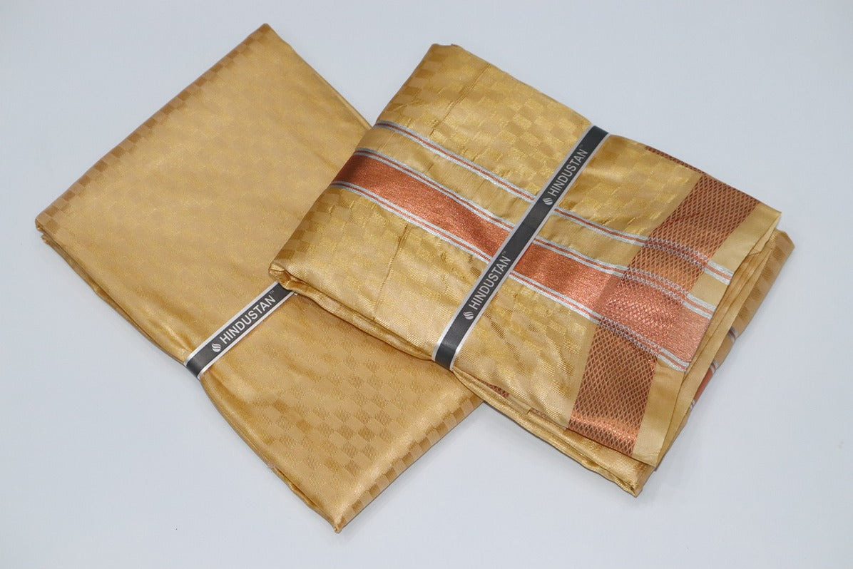 Artsilk Checked Design Harvest Yellow Set (Shirt Material+Dhoti) with 80k Copper Border