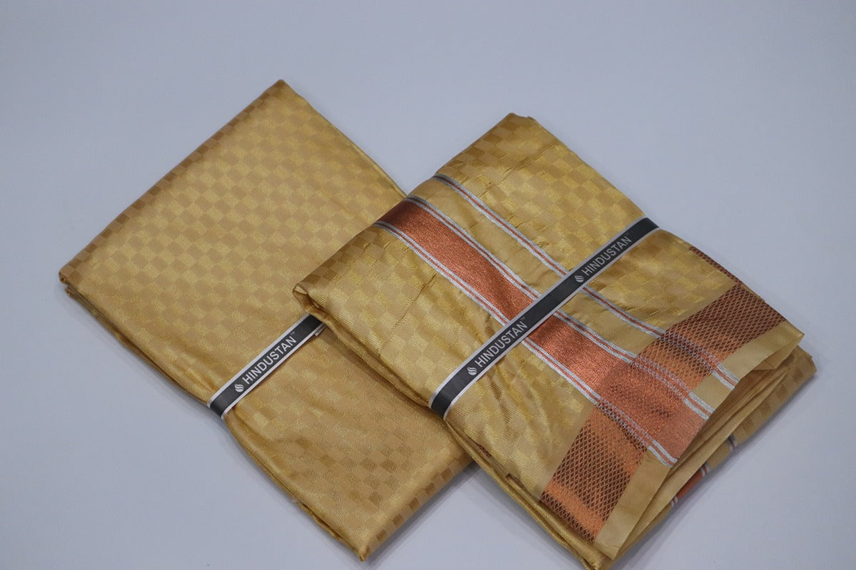Artsilk Checked Design Harvest Yellow Set (Shirt Material+Dhoti) with 80k Copper Border
