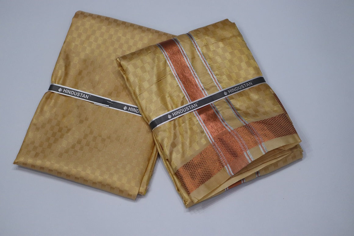 Artsilk Checked Design Harvest Yellow Set (Shirt Material+Dhoti) with 80k Copper Border