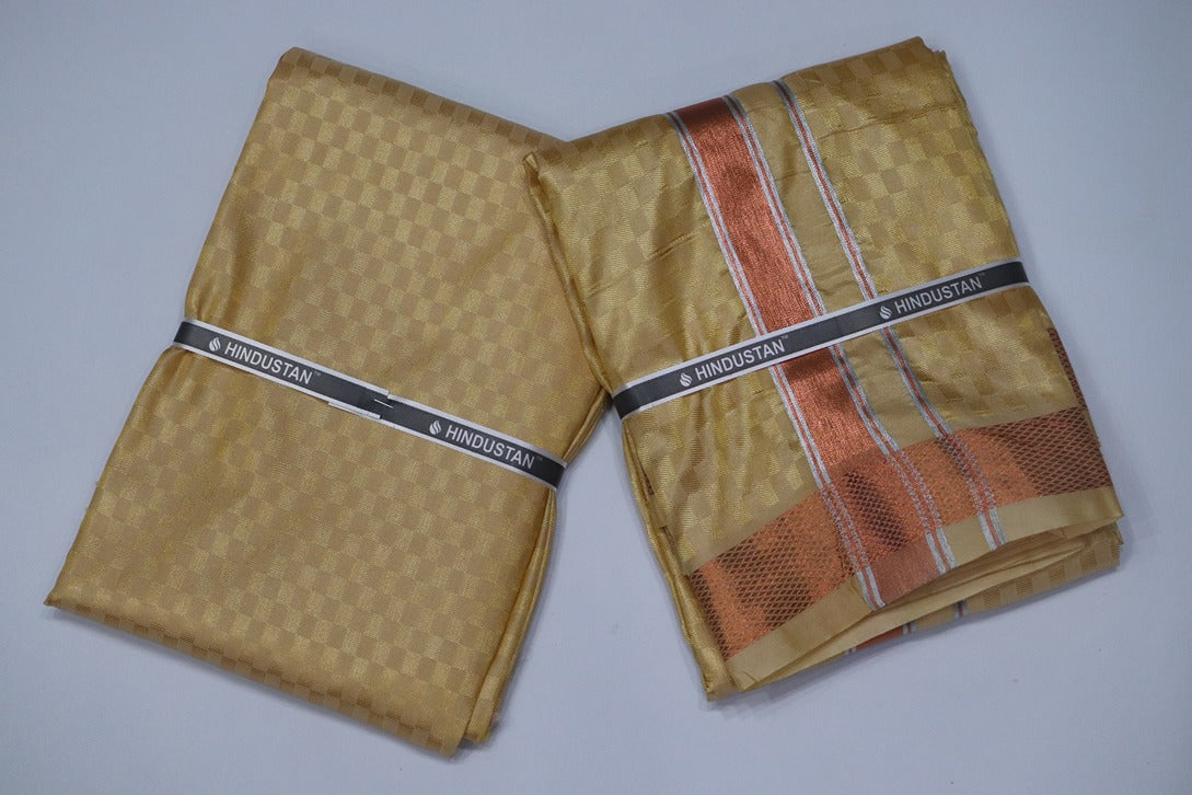 Artsilk Checked Design Harvest Yellow Set (Shirt Material+Dhoti) with 80k Copper Border