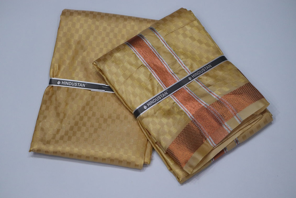 Artsilk Checked Design Harvest Yellow Set (Shirt Material+Dhoti) with 80k Copper Border