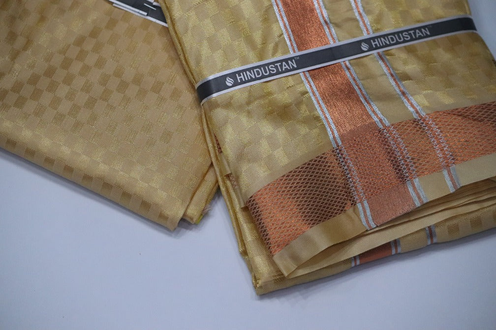 Artsilk Checked Design Harvest Yellow Set (Shirt Material+Dhoti) with 80k Copper Border