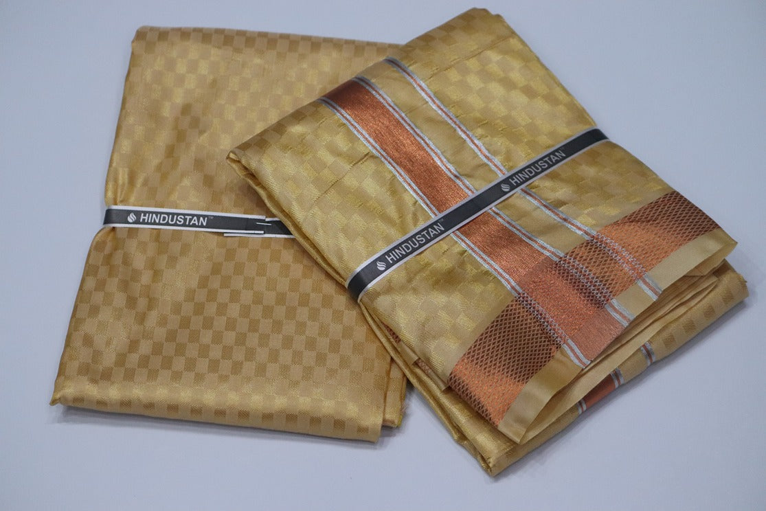 Artsilk Checked Design Harvest Yellow Set (Shirt Material+Dhoti) with 80k Copper Border