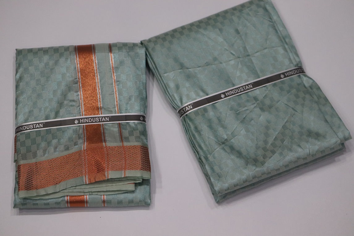 Artsilk Checked Design Mint Blue Set (Shirt Material+Dhoti) with 80k Copper Border