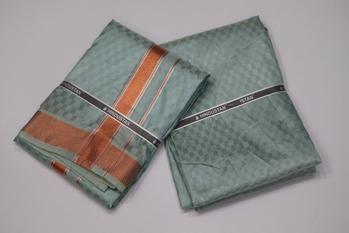 Artsilk Checked Design Mint Blue Set (Shirt Material+Dhoti) with 80k Copper Border