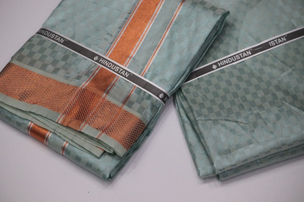 Artsilk Checked Design Mint Blue Set (Shirt Material+Dhoti) with 80k Copper Border