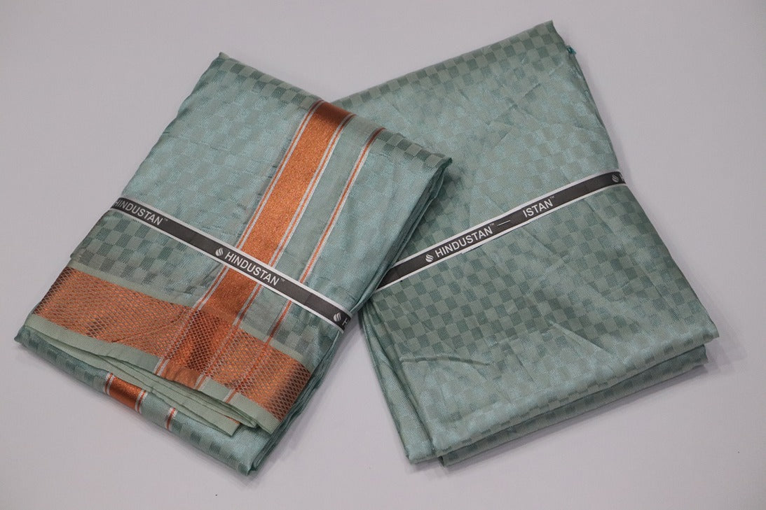 Artsilk Checked Design Mint Blue Set (Shirt Material+Dhoti) with 80k Copper Border