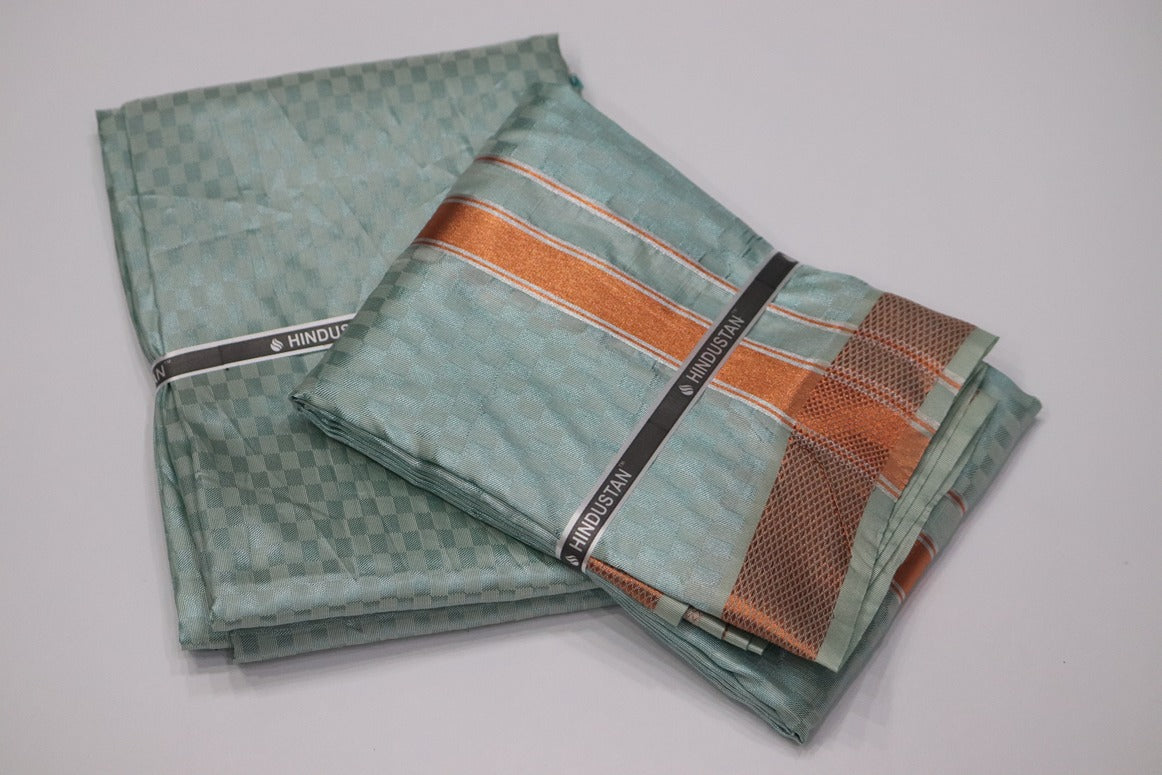 Artsilk Checked Design Mint Blue Set (Shirt Material+Dhoti) with 80k Copper Border