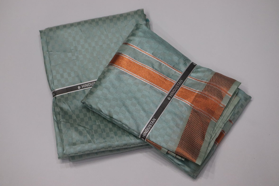 Artsilk Checked Design Mint Blue Set (Shirt Material+Dhoti) with 80k Copper Border