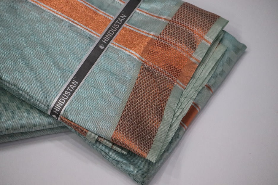 Artsilk Checked Design Mint Blue Set (Shirt Material+Dhoti) with 80k Copper Border