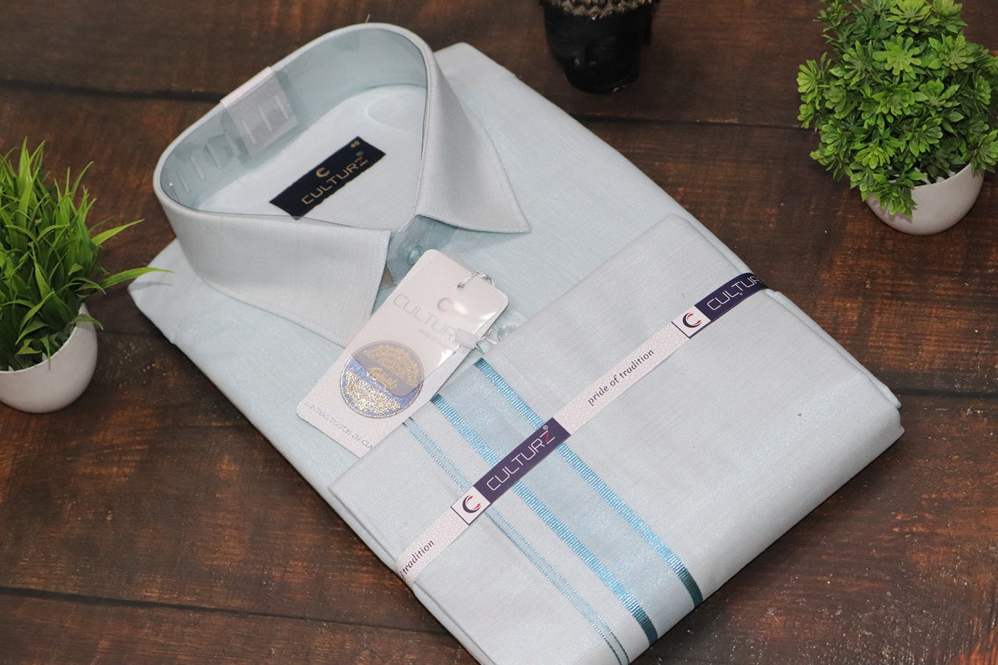 Tissue Cyan Blue Matching Shirt & Dhoti Set