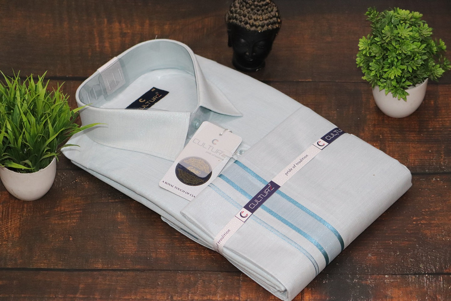 Tissue Cyan Blue Matching Shirt & Dhoti Set