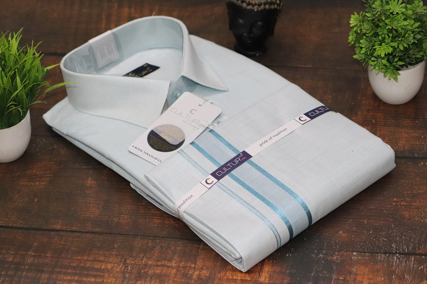 Tissue Cyan Blue Matching Shirt & Dhoti Set