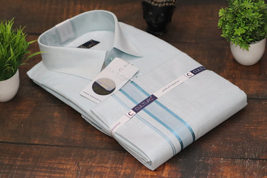 Tissue Cyan Blue Matching Shirt & Dhoti Set