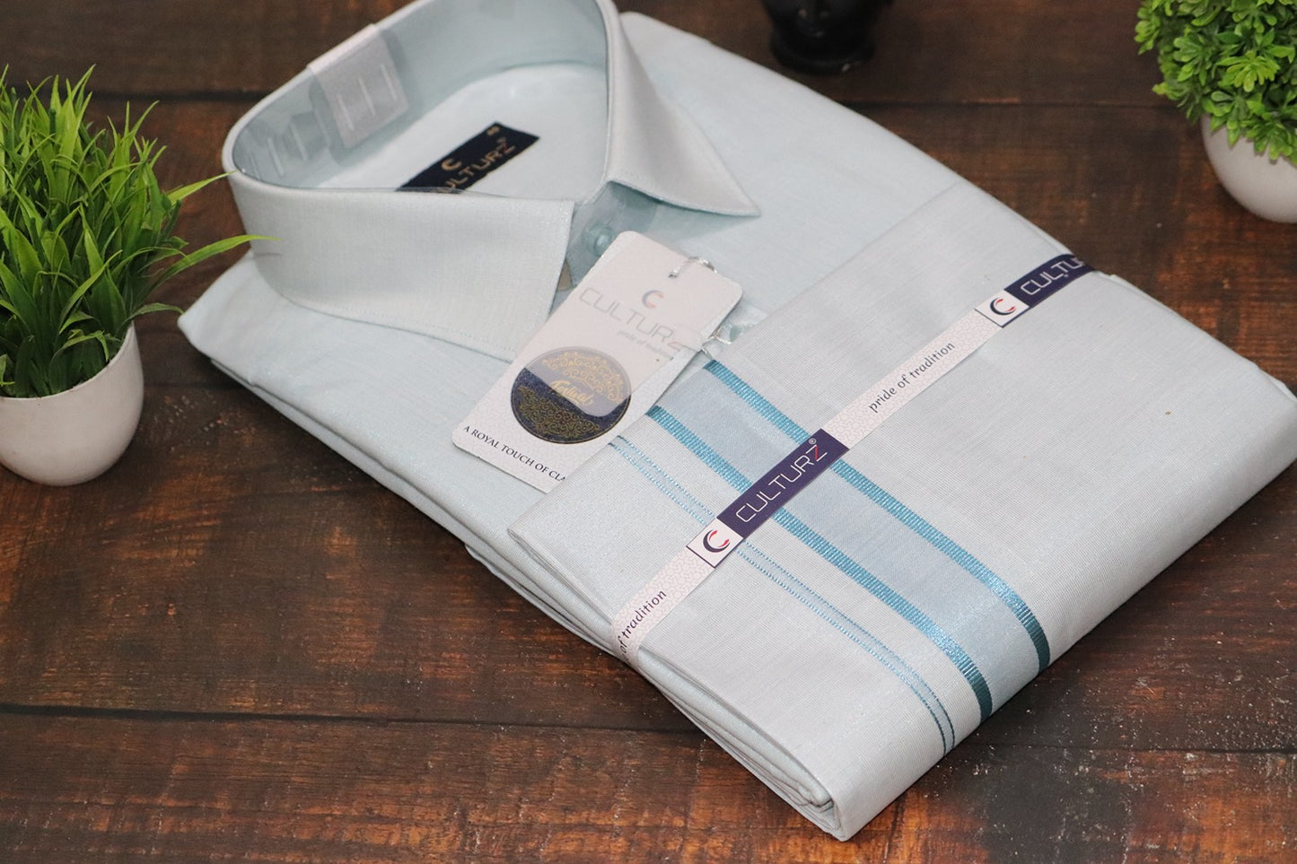 Tissue Cyan Blue Matching Shirt & Dhoti Set