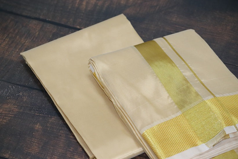 Artsilk Sandal Combo Set(Shirt Fabric+Dhoti) with Big Gold Border
