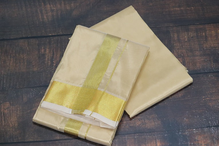 Artsilk Sandal Combo Set(Shirt Fabric+Dhoti) with Big Gold Border