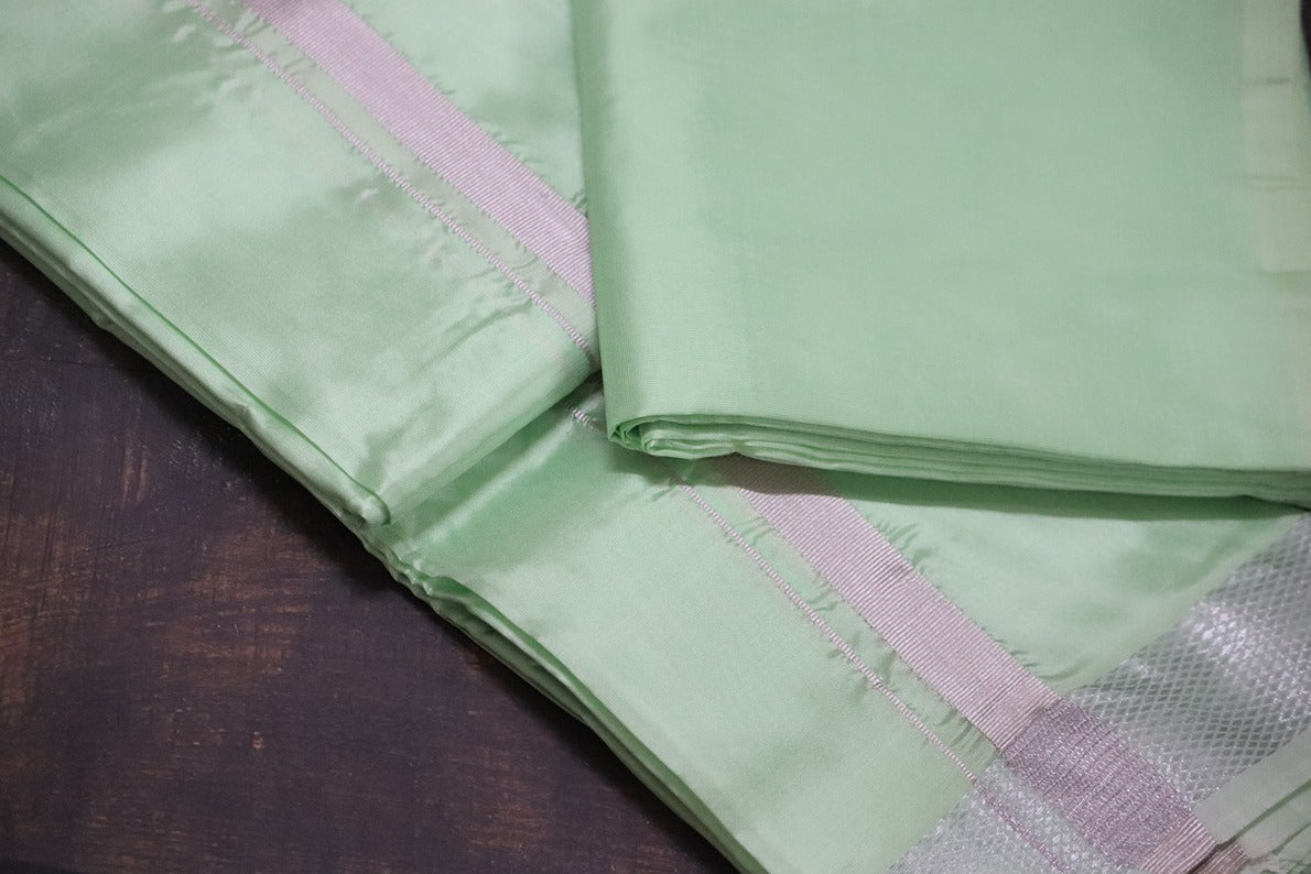 Artsilk Pista Green Combo Set (Fabric+Dhoti) with Silver Border