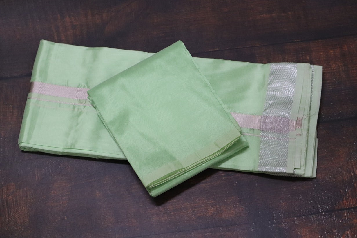 Artsilk Pista Green Combo Set (Fabric+Dhoti) with Silver Border