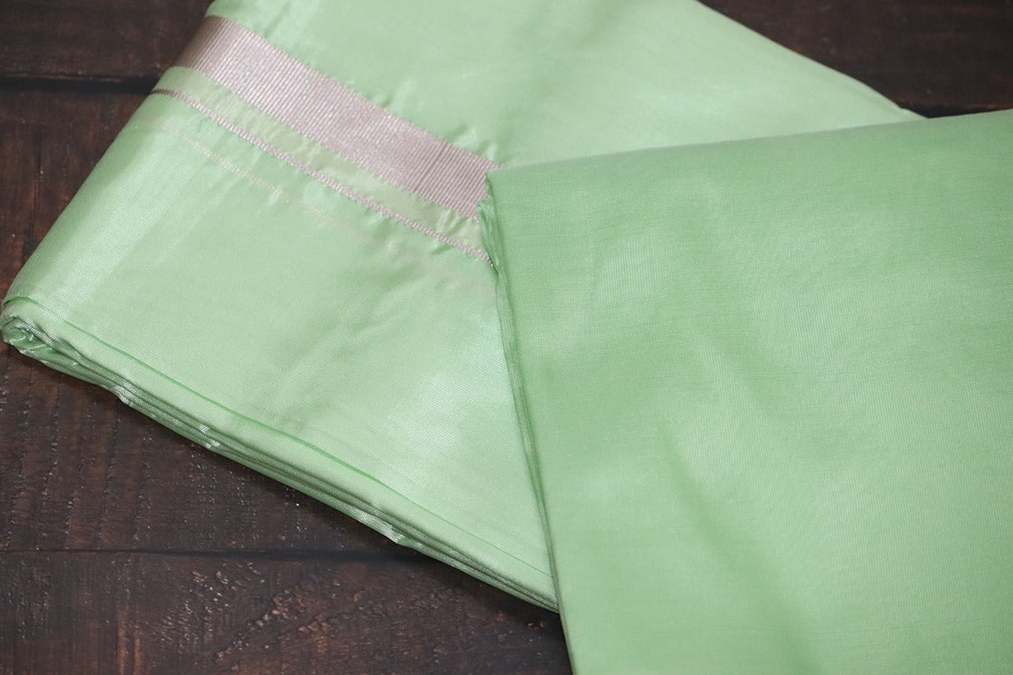Artsilk Pista Green Combo Set (Fabric+Dhoti) with Silver Border