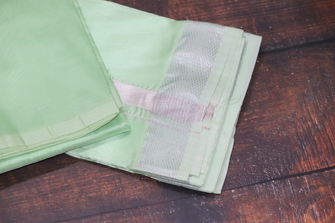 Artsilk Pista Green Combo Set (Fabric+Dhoti) with Silver Border