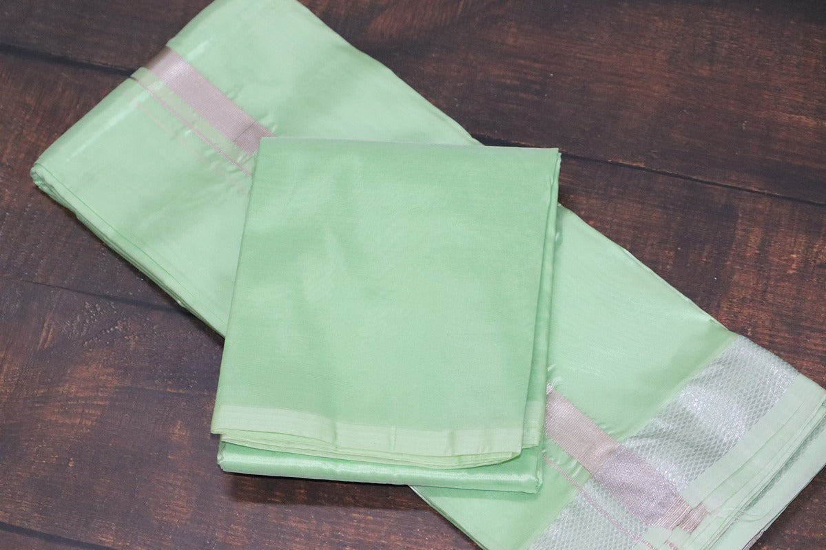 Artsilk Pista Green Combo Set (Fabric+Dhoti) with Silver Border
